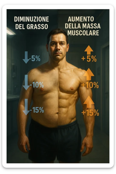 realistic and cinematic illustration of a human body divided in two halves: left side showing decreasing body fat with downward arrows and numbers, right side showing increasing lean muscle mass with upward arrows and numbers, clinical atmosphere with dramatic lighting, captions and numbers in Italian, aspect ratio 2:3 sticker
