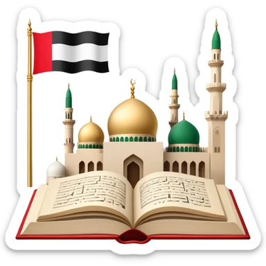 An icon featuring the mosque and the flag of United Arab Emirates, symbolizing the Arabic language. The design includes an open book with Arabic script and calligraphy, representing language learning and cultural heritage. Transparent background sticker