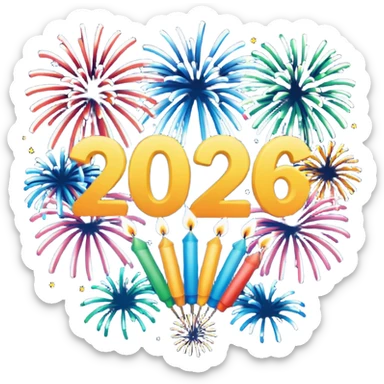 "Happy 2026" in backdrop of colourful fireworks in outline artwork sticker