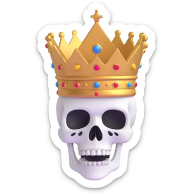 A shocked skull with a crown on top, both hands raised pressing on its head in disbelief, black and white sticker