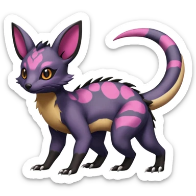 Rare epic aesthetic colorful Salandit-Noibat-Eevee-Civet-species-Fakemon-hybrid-creature, with markings, full body sticker