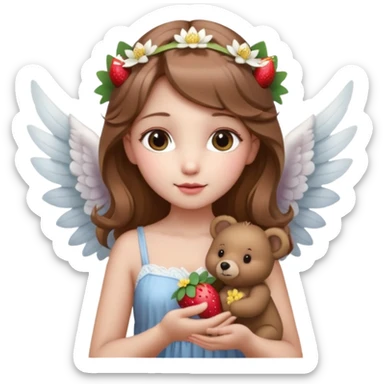 یه دختر زیبا با موهای قهوه ای روشن که مثل یک فرشته است و تازه متولد شده به همراه گل نیلوفر لای موهاش بالای گوشش و همراه با نیلوفرهای آبی و یک گل نیلوفر ترکیب شده با توت فرنگی در دست راستش. لباسش تصویر خرس داشته باشه روس sticker