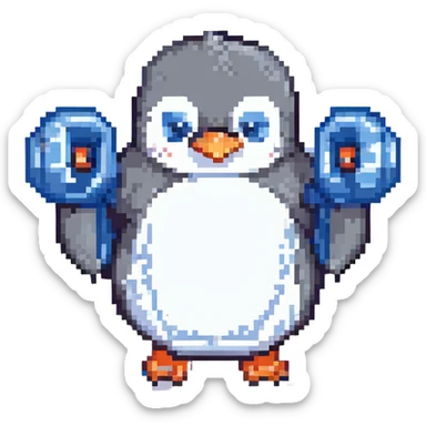penguin lifting weights, pixel art style sticker