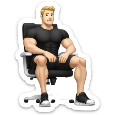 Pale skinned Fit Man With the biceps and dark brown hair in black shirt, gray sports shorts and white Sneakers Sitting on a chair sticker
