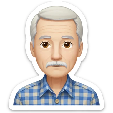 Thin elderly man with light skin. Elongated face with kind expression. Light brown eyes. Thin eyebrows. White goatee and white mustache. Very long, straight fine gray-white hair that reaches shoulders, with some bangs. Slim build. Wearing a blue and beige checkered button-up shirt. sticker