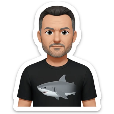 a mature man with hair wearing a t-shirt with a shark image on it. sticker
