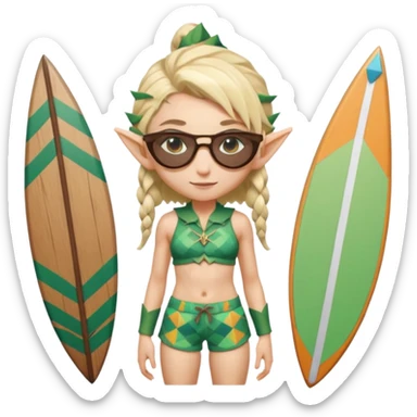 elf female legolas portrait, patterned board shorts (geometric/abstract), unique wooden-framed sunglasses, undercut hairstyle, slight smirk, visible pointy ears, no background, centered emoji, hipster summer vibe coctails sticker