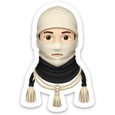 Ultra-detailed studio shot of a post-apocalyptic off-white balaclava — deconstructed, frayed, layered, with braided rope tassels and subtle embroidery. Minimalist white background, soft lighting, sharp focus. High-fashion streetwear aesthetic. sticker