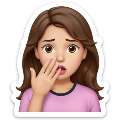 girl with wavy long brown hair, brown eyes, light to medium complexion, long lashes, light pink lipstick, wearing light pink shirt, shocked, hand covering mouth sticker