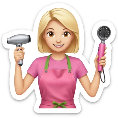 smiling blonde woman hairstylist wearing pink t-shirt and orange apron, hands raised, holding scissors and hairdryer clearly visible sticker