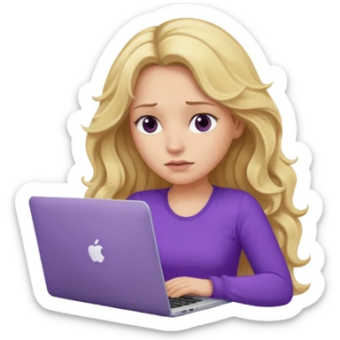 lady with long blonde wavy hair, purple top throwing her with a laptop looking tired sticker