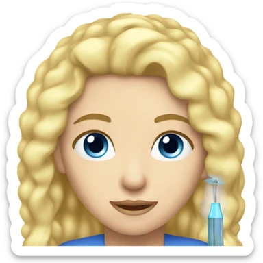 blue eyed blonde woman taking temperature in ear  sticker