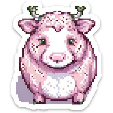 strawberry cow, pixel art style, small and chubby, pink and white, with strawberry patterns sticker