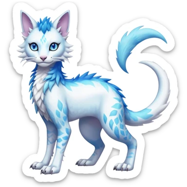 Kawaii white iridescent edgy fantasy feline-vernid-sergal-fursona animal creature with a tufted tail full body with intricate markings  sticker