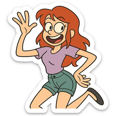 red-haired girl in a playful pose, cartoonish and exaggerated sticker