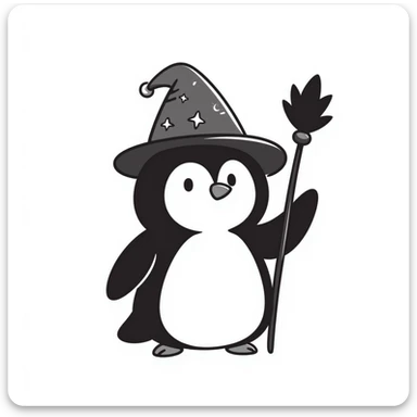 Penguin wizard with pointed hat and magic staff sticker