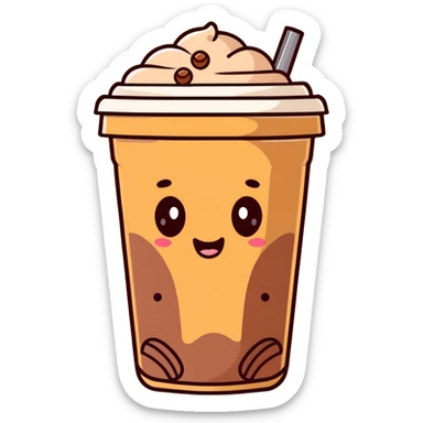 brown milk tea with a happy expression and boba pearls, soft mocha pastel tones, kawaii sticker