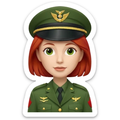 iOS Memoji style, white woman, red hair, green military officer uniform, peaked cap, 3D render, white background. sticker