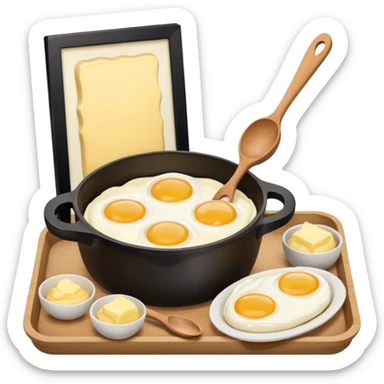 A carton of eggs, butter and a cream ceramic baking bowl with a wooden spoon in it sticker
