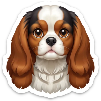 Cinematic Noble Tri-Colour Cavalier King Charles Spaniel Portrait Emoji, Poised and regal, with a graceful, medium build and a well-groomed tri-colour coat featuring rich black, white, and tan markings, soulful brown eyes, Simplified yet sharp and sophisticated features, highly detailed, glowing with a soft, dignified glow, high shine, intelligent and affectionate, stylized with an air of elegance, focused and attentive, soft glowing outline, capturing the essence of a watchful and refined companion, so majestic it feels as though it could step out of the screen with effortless authority! sticker