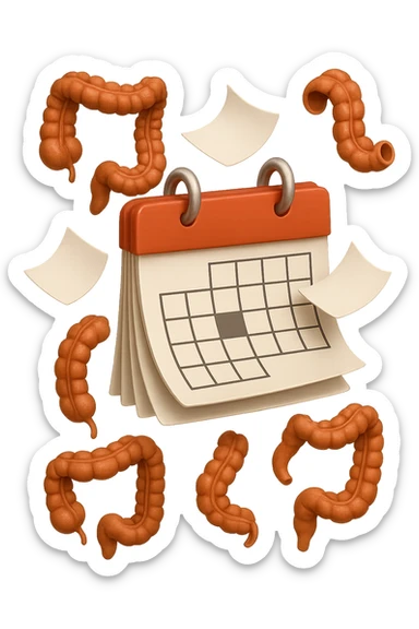 emoji stile iphone di un calendario con fogli che volano insieme a pezzi anatomici di colon umano, iperrealistico 4k, isolato su sfondo bianco sticker