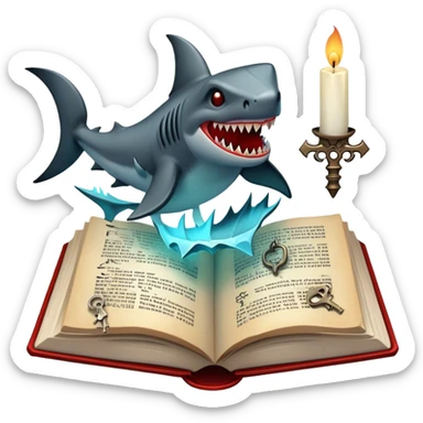 Icon for Horror & Mystery Reading: an open book with eerie glowing symbols, from which rise Dracula with fangs, flying bats, a zombie hand, and a lurking shark with sharp teeth. Surrounding elements include a flickering candle and an old key. Transparent background. sticker