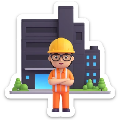 technical architect emoji, standing by a digital building model, confident expression sticker