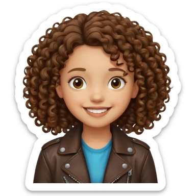 girl kid curly brown hair wear leather jacket, smile happy sticker