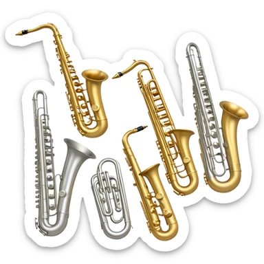 Create a professional, harmonious emoji collage symbolizing wind instruments.  The instruments should be in metallic gold, silver, and brass tones, with subtle reflections to convey a professional and polished appearance. Add soft musical notes or soundwaves to surround the instruments, creating a sense of movement and sound. The background should be transparent, ensuring all instruments are the focus and the composition remains harmonious and balanced. sticker