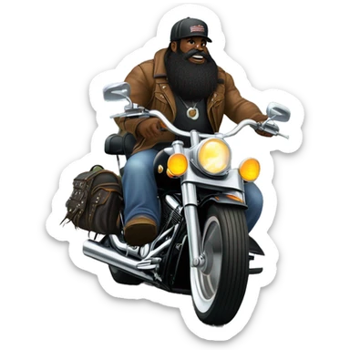 Black heritage softail with front jammer and leather saddle bags and lots of chrome and ape hangers and a long bearded guy with ball cap riding it on a country road sticker