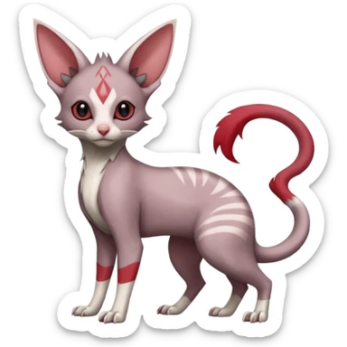 Minccino-Lykoi-Emolga-Sphynx-Linoone-Zangoose-fusion-hybrid-animal-Fakémon-creature, full body, thin long sleek scaly tail, intricate markings sticker