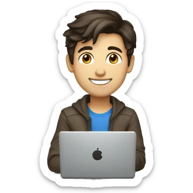 Young design engineer, dark brown hair, good smile, using laptop sticker