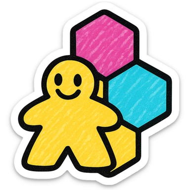 cheerful board game icon with bright hexagonal tiles, representing fun and community, lively style sticker