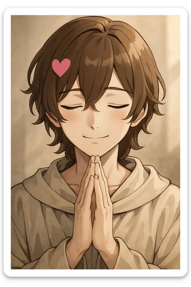 boykisser character with hands together in prayer, eyes closed, smiling softly sticker