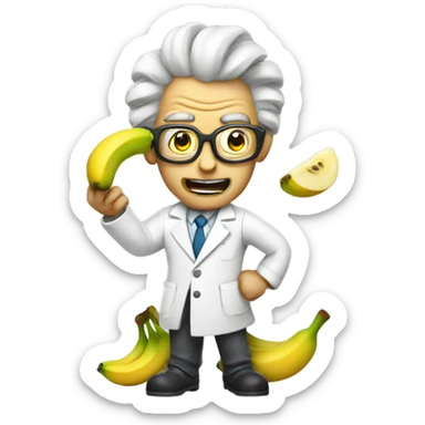 Crazy mad scientist with banana sticker