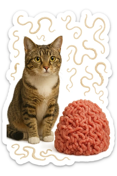 gatto stupendo e macinato di carne poco cotta a montagnetta stanno l'uno accanto all'altro con dei parassiti come la tenia che gli fluttuano intorno, iperrealistica 4k sticker
