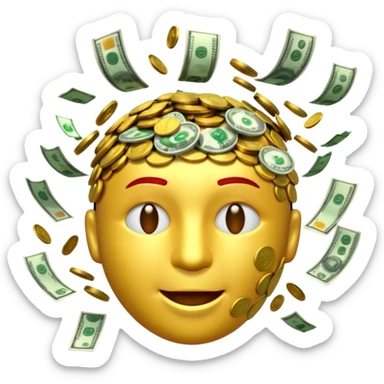 3D glossy money emoji, cracked head, coins and bills burst upward, perfect loop, centered, chroma green background sticker