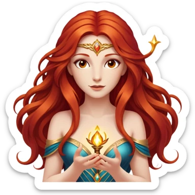   Magic God Fee femme avec des cheveux très long roux, yeux marrons belle comme une déesse avec un beau corps qui a de la magie tout autour d’elle  sticker