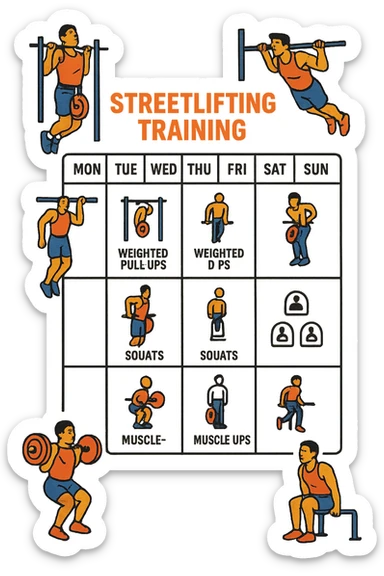 a streetlifting training sheet with icons for each exercise—weighted pull-ups, weighted dips, squats, muscle-ups—organized in a weekly schedule. Around the sheet, small illustrations show athletes performing each movement with proper form. The color palette is bold and energetic, and the background is clean and minimal. sticker