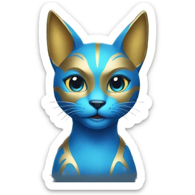  A blue cat with horns and a gold shirt sticker
