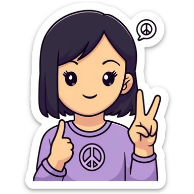 lightskin young girl with black straight hair and dark eyes, making a peace sign, cute sticker
