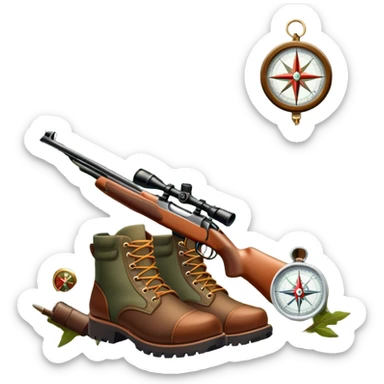 emoji for Hunting Tourism: a hunting rifle, hunting boots and a compass on a forest background, with a silhouette of wildlife in the distance. The icon should capture the adventure and connection with nature in hunting tourism. Transparent background. sticker