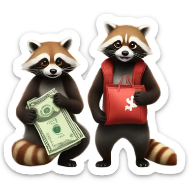 1 raccoon and 1 red panda each holding a bag of cash sticker
