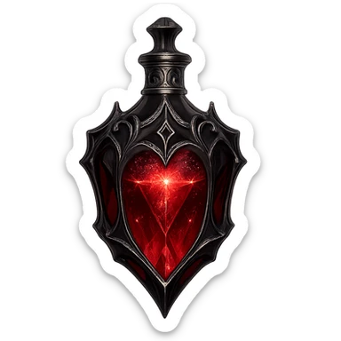 gothic vampire drink elixir bottle, dark red color, black and silver ornate details, sharp edgy facets, intense magical glowing and sparkling effects, very small neck, seamless bottom, transparent background, floating, no base or shadow, modern, matching a collection sticker