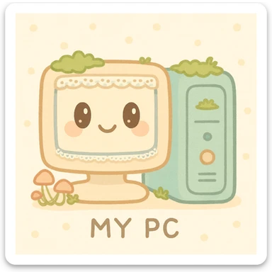'My PC' icon in cottagecore style: quaint computer tower and monitor with moss, tiny mushrooms, delicate lace, soft earthy tones, peaceful rural cottage atmosphere sticker