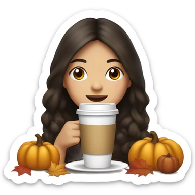 Asian brunette long hair girl with freckles having coffee decked out with thanksgiving drcorations sticker