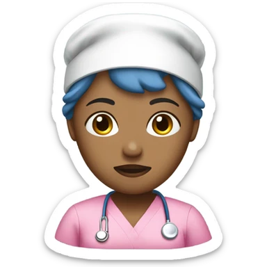 Sad nurse in blue scrubs wearing a pink scrub cap  sticker