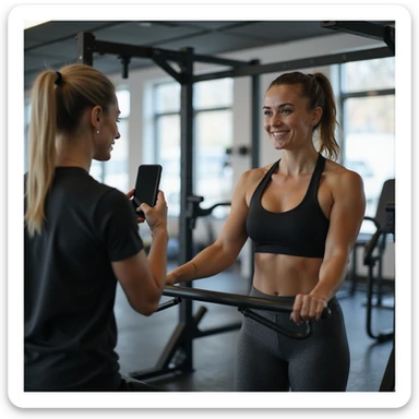 young woman in fitness clothing in gym, recording video check for coach with smartphone while doing lat machine exercise, neat and bright gym environment, hyperrealistic details, 4K sticker