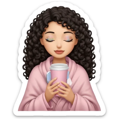 hispanic woman, black long 3b curls, closed eyes, feminine face, holding soft pink coffee cup with beige blanket over shoulders sticker