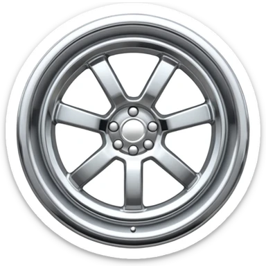 A chrome car wheel emoji, polished silver metal rim, smooth circular shape, minimal futuristic design, soft reflections, iOS emoji style, centered on white background, ultra clean look sticker